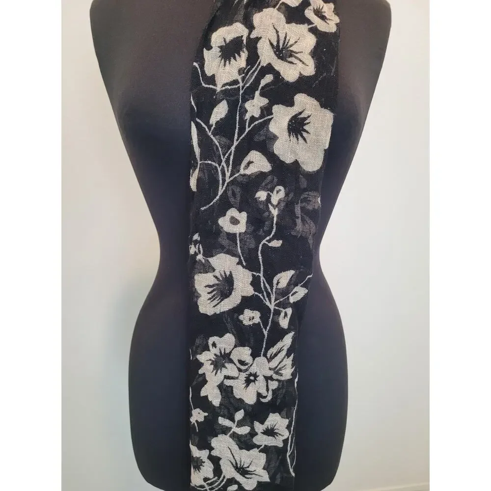 Black White Floral Fringe Scarf Lightweight Boho Wrap Layering Classic Fall